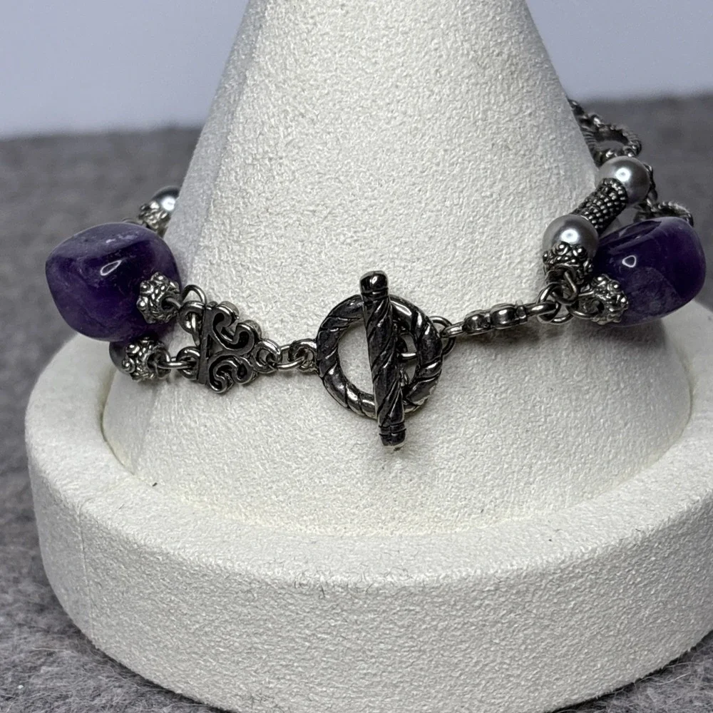 Amethyst Gemstone Double Strand Bracelet Silver Toned Toggle Clasp 7.25